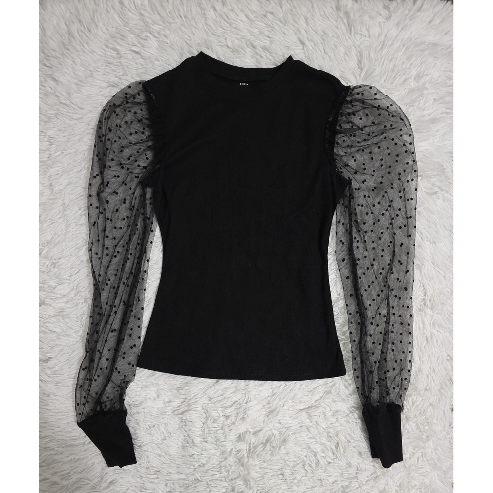 SHEIN‎ Women's Size S Tall Black Sheer Polka Dot Long Sleeve Blouse Workwear